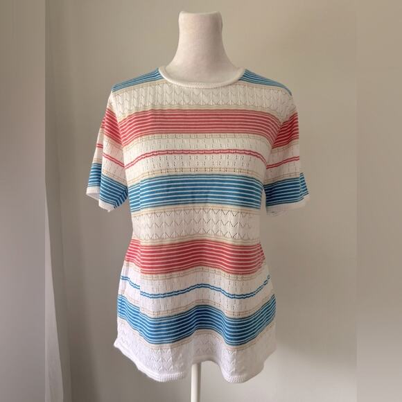 Alfred Dunner White, Pink & Blue Striped Relaxed Fit Short Sleeve Sweater - Picture 2 of 6